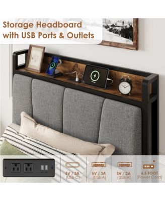 Twin XL Size Metal Storage Headboard, 2 Drawers & Charging Station Bed Frame