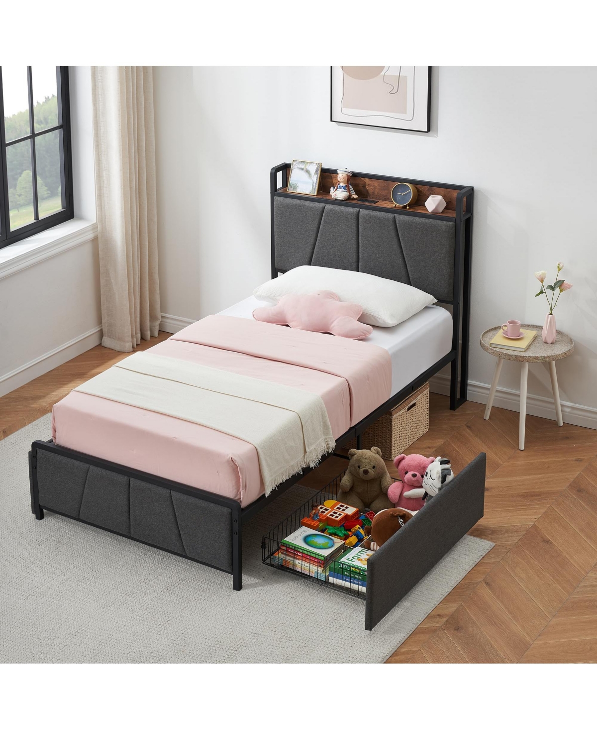 gaomon Twin Size Bed Frame with 2 Storage Drawers and Charging Station, Rustic Linen Upholstered Platform Bedframe