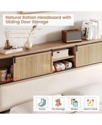 Rattan Bed Frame King with Shelves, Boho King Bed Frame with Shelf Headboard Sliding Door