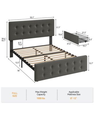 Full Bed Frame with Headboard and 4 Storage Drawers, Platform Bed Frame Square Stitched Button Tufted
