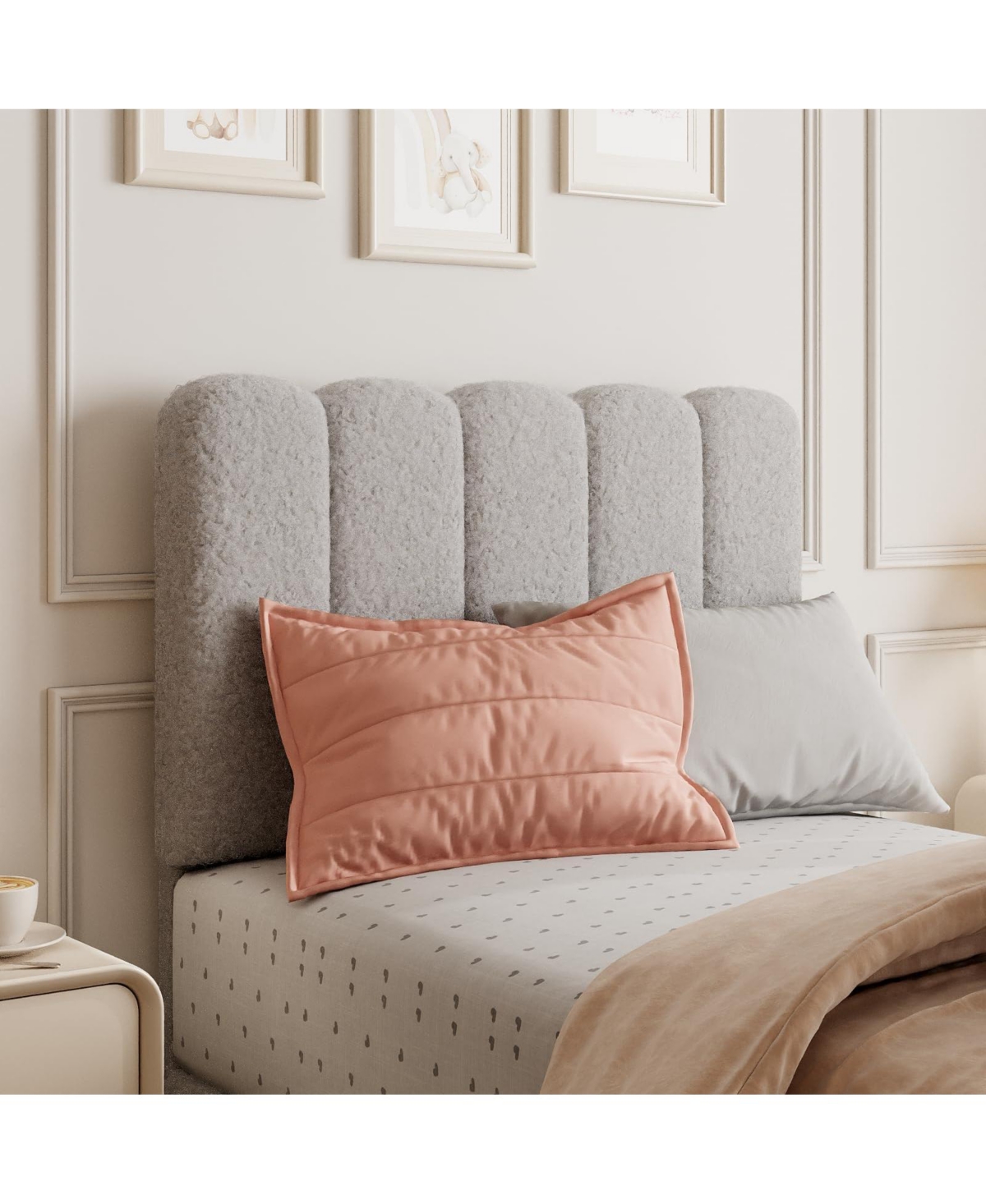 gaomon Twin Bed Frame, Boucle Upholstered Platform Bed with Wave Headboard for Girls/Kids, Easy Assembly