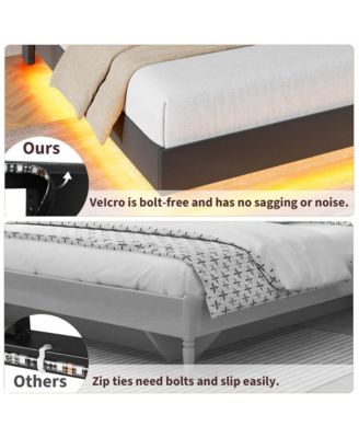 Queen Size Floating Bed Frame, Suspended Bed with RGB LED Lights and Charging Station, Upholstered Bed Frame