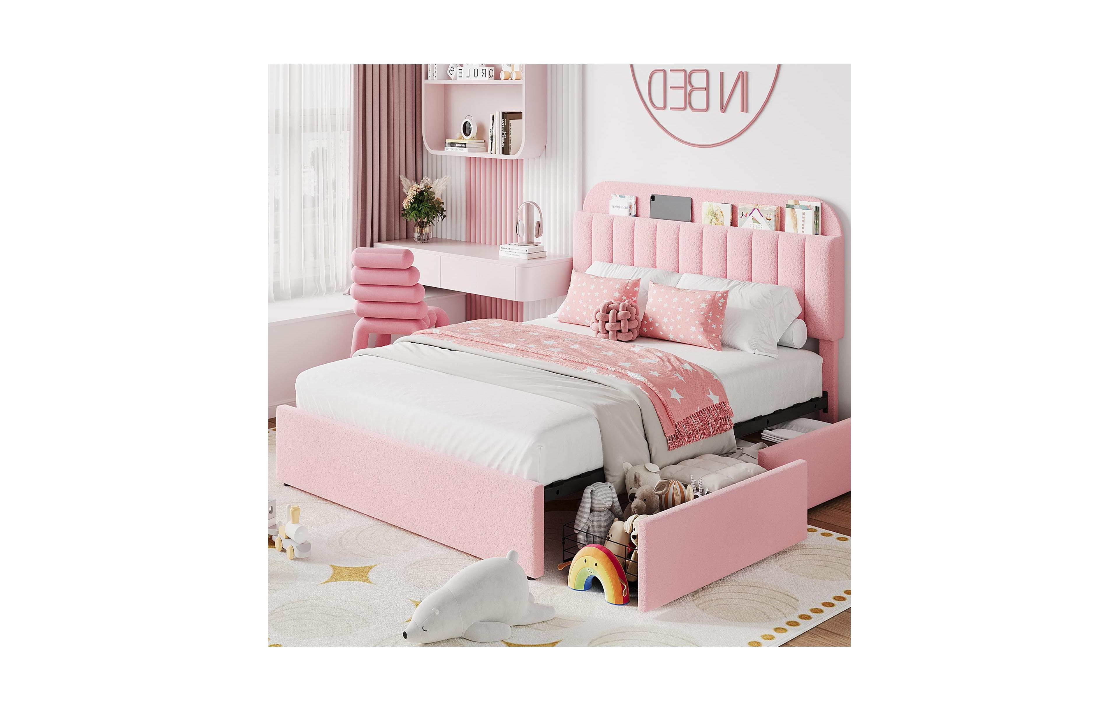 gaomon Queen Bed Frame with 2 Flexible Drawers and Bookcase Headboard