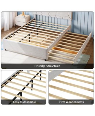 Trundle Bed, Full Size Upholstered Platform Bed Frame, Pull Out Bed with Headboard, Wood Slat Support