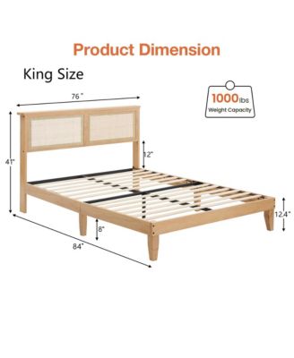 King Size Rattan Bed Frame,Bohemian Rattan King Bed Frame with Natural Headboard, LED Lights, Foundation with Silent Slats