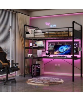 Twin Loft Bed with L-Shaped Desk & Storage Shelf, Heavy Duty Metal Frame for Adults, Space Saving Design, Black Finish