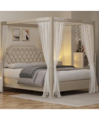 Upholstered Canopy Bed Frame Full Size with Headboard,Button Tufted,Nailhead Trim Design,No Box Spring Required