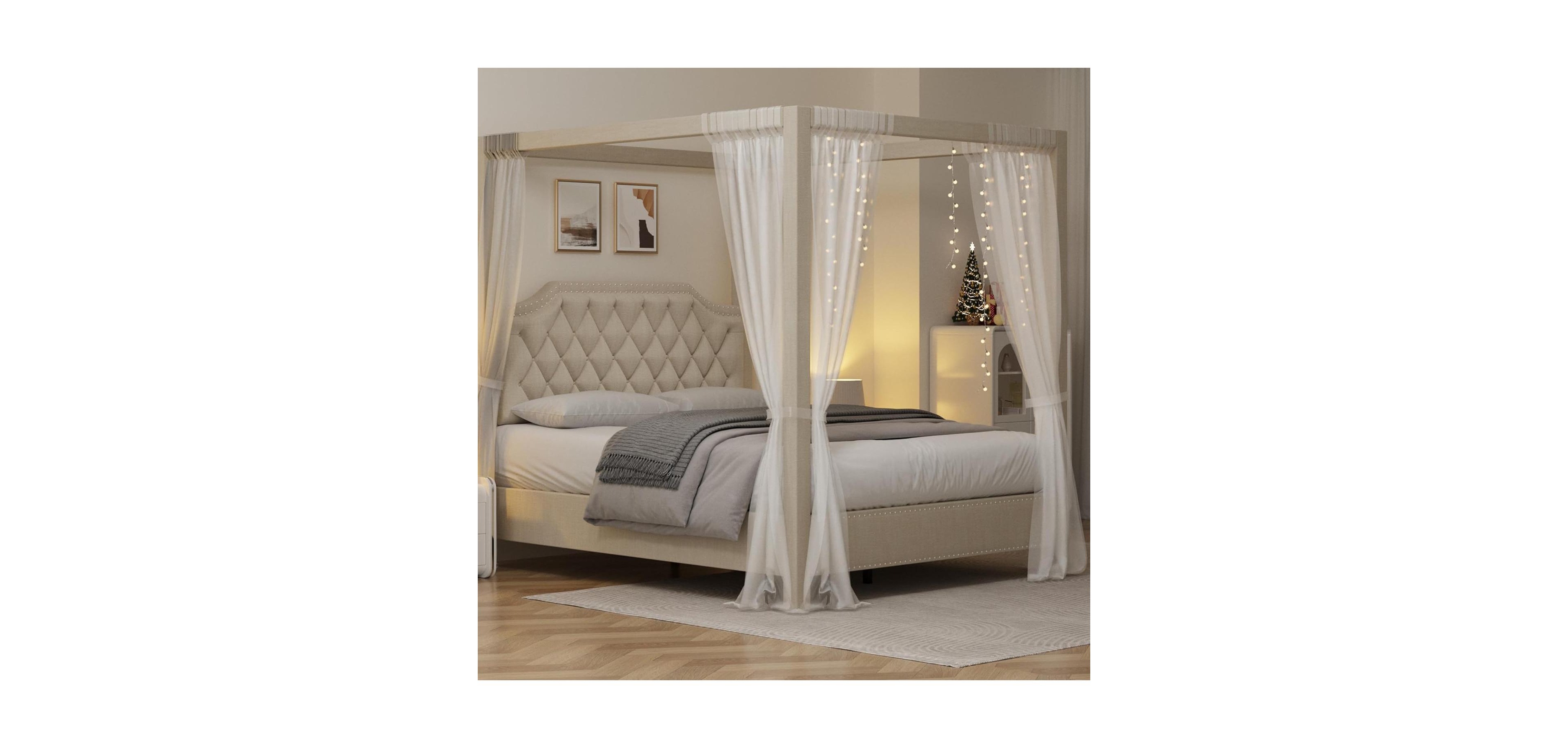 gaomon Upholstered Canopy Bed Frame Full Size with Headboard,Button Tufted,Nailhead Trim Design,No Box Spring Required