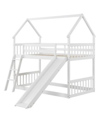 Twin Over Twin House Bunk Bed w/ Slide Solid Wood Low Bunk Bed for Kids