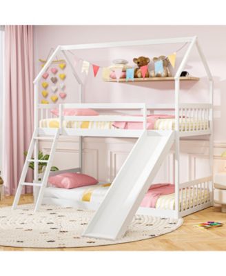 Twin Over Twin House Bunk Bed w/ Slide Solid Wood Low Bunk Bed for Kids