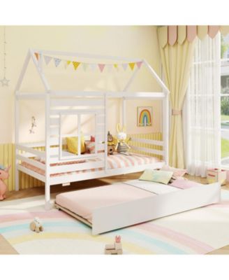 Twin Size House Bed with Trundle Wooden Platform Bed w/ Roof Chimney & Window
