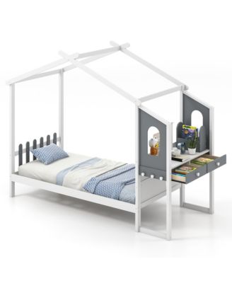 Kids House Bed w/ Study Desk & Removable Box Drawers Hanging Hooks