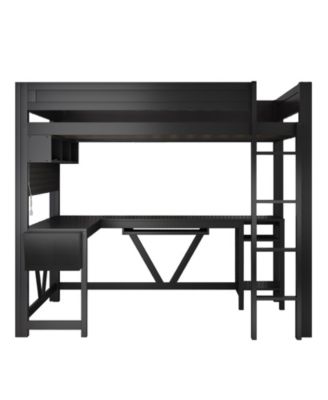 Wood Full Size Gaming Loft Bed w Built In Desk Charging Station LED Lighting Storage Shelves Multifunctional Modern Living Spaces Furniture