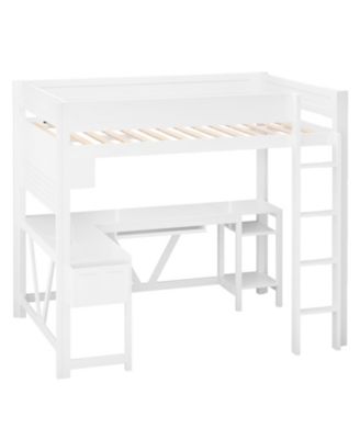White Wood Full Size Gaming Loft Bed Built In Desk Charging Station LED Lighting Storage Shelves Multifunctional Modern Living Space Furniture
