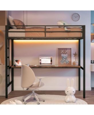 Twin Loft Bed with Desk, Power Outlet & LED Lighting, Space-Saving Design, Black
