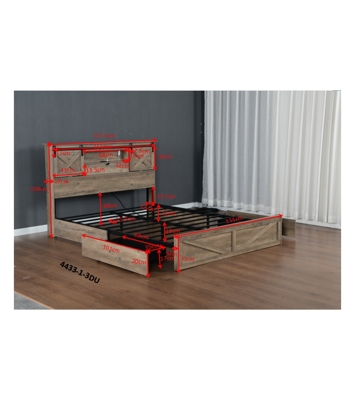 Clihome Farmhouse Bed Frame Queen Size with Led Lights and Charging Station, Wooden Queen Bed with 2 Storage Drawers