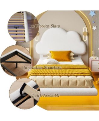 Twin Bed Frames, Floating Bed Frame with LED Light and Upholstered Headboard, Solid Wooden Slats Support