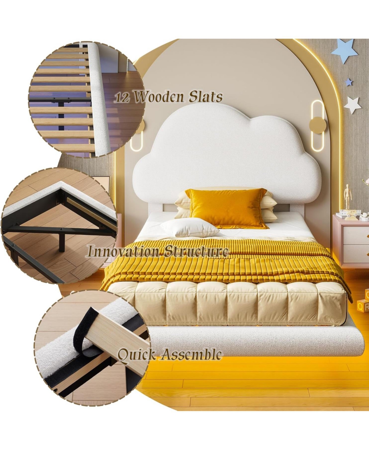 Likimio Twin Bed Frames, Floating Bed Frame with Led Light and Upholstered Headboard, Solid Wooden Slats Support