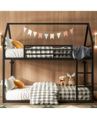 Twin Over Twin Metal Bunk Bed with Ladder & Guardrail, House-Shaped Frame, Space-Saving Design, No Box Spring Needed – Black