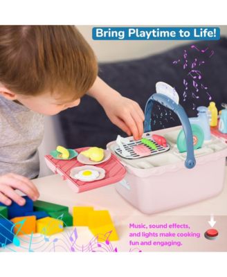 Kids Kitchen & Picnic Playset, Interactive Grill, Sink, Oven, Lights & Music, Color-Changing Foods, Toddler Toys Ages 3+