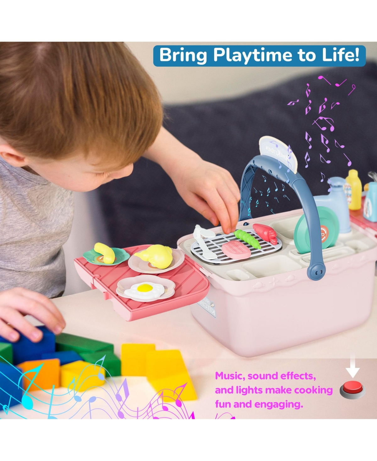 Contixo Kids Kitchen & Picnic Playset, Interactive Grill, Sink, Oven, Lights & Music, Color-Changing Foods, Toddler Toys Ages 3+