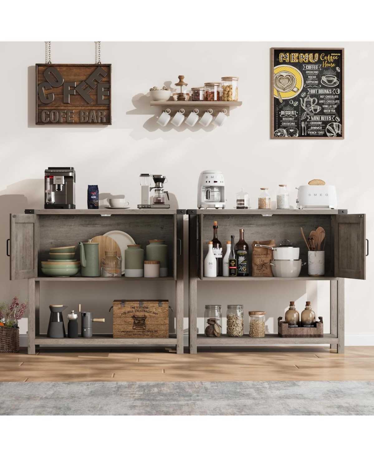 gaomon Gray Farmhouse Console Table with Cabinets and Drawers, Versatile Storage Solution for Hallway, Living Room