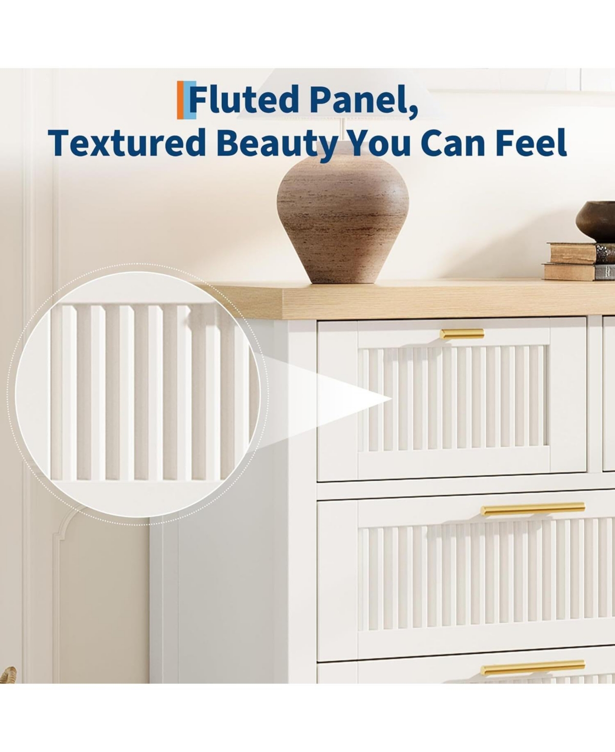 gaomon Fluted 6 Drawer Dresser for Bedroom, 47in Wide, Mid Century Modern Chest of Drawers, Wooden Fluted Dresser Chest, Living Room, White