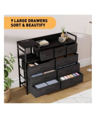 9-Drawer Modern Dresser TV Stand with Charging Station, Open Shelf, Power Outlets, Storage Media Console, Black