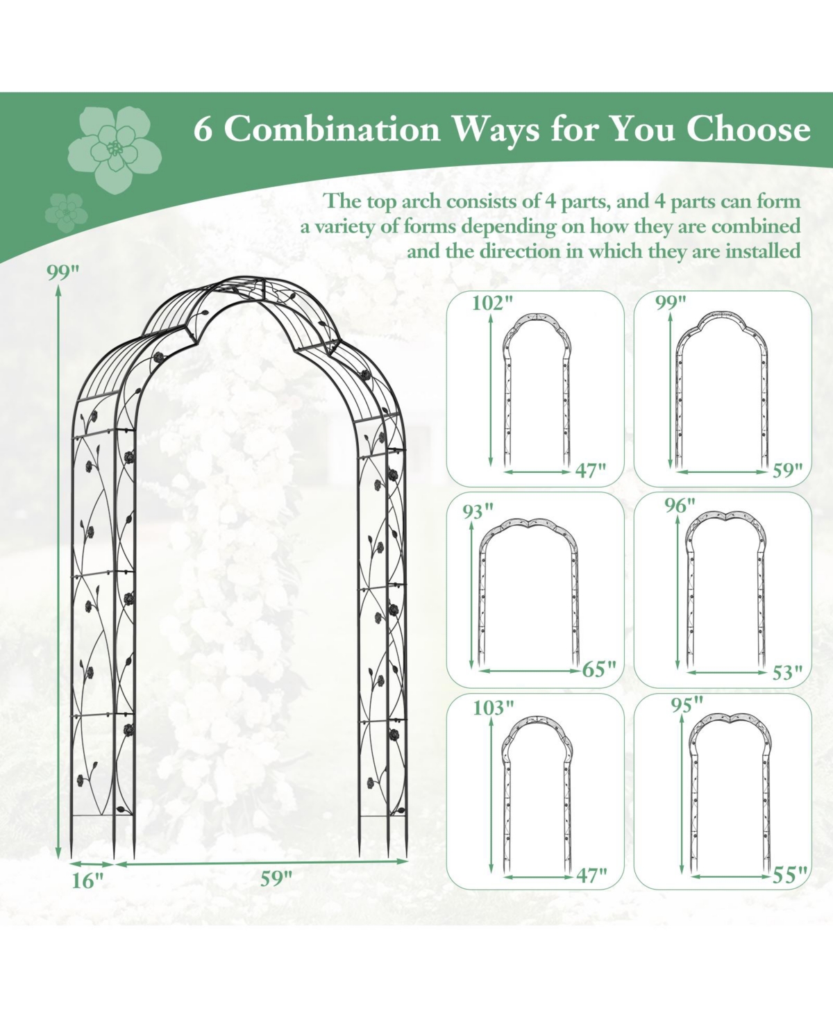 Gymax 99'' Tall Garden Arch Arbor Trellis w/6 Combination Ways & 2 Installation Methods