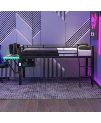 Black Metal Twin Size Gaming Mid Loft Bed with BuiltIn Desk and MultiColor LED Lighting Space Saving Furniture for Kids and Teens Bedrooms