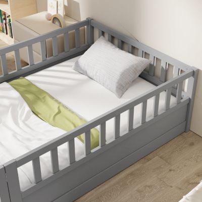Twin Size Floor Bed with Safety Barrier & Door, Montessori-Inspired