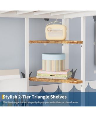 Twin Size Metal Loft Bed with Large Desk and Storage Shelves, Heavy Duty Platform Bed with Ladder and Safety Guardrail