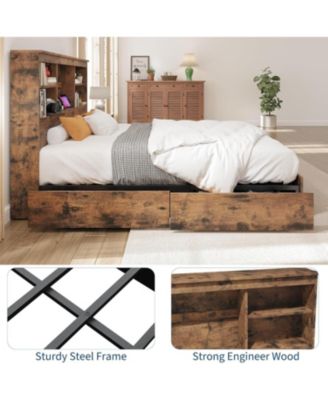 Bed Frame with Storage - 51" Bookcase Headboard, 4 Drawers, Charging Station, No Box Spring Needed, 1000LBS Capacity - Full