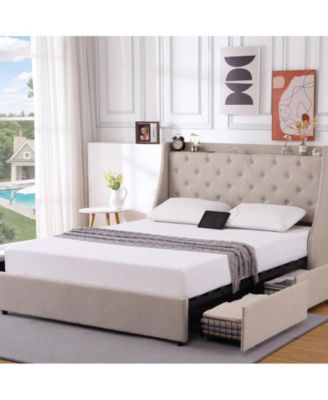 Full Bed Frame with Charging Station, Upholstered Platform Bed Frame with Wingback Headboard