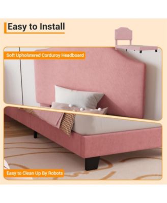 Twin Size Velvet Bed Frame Corduroy Upholstered Platform Adjustable Headboard No Box Spring Needed Wooden Slats Pink