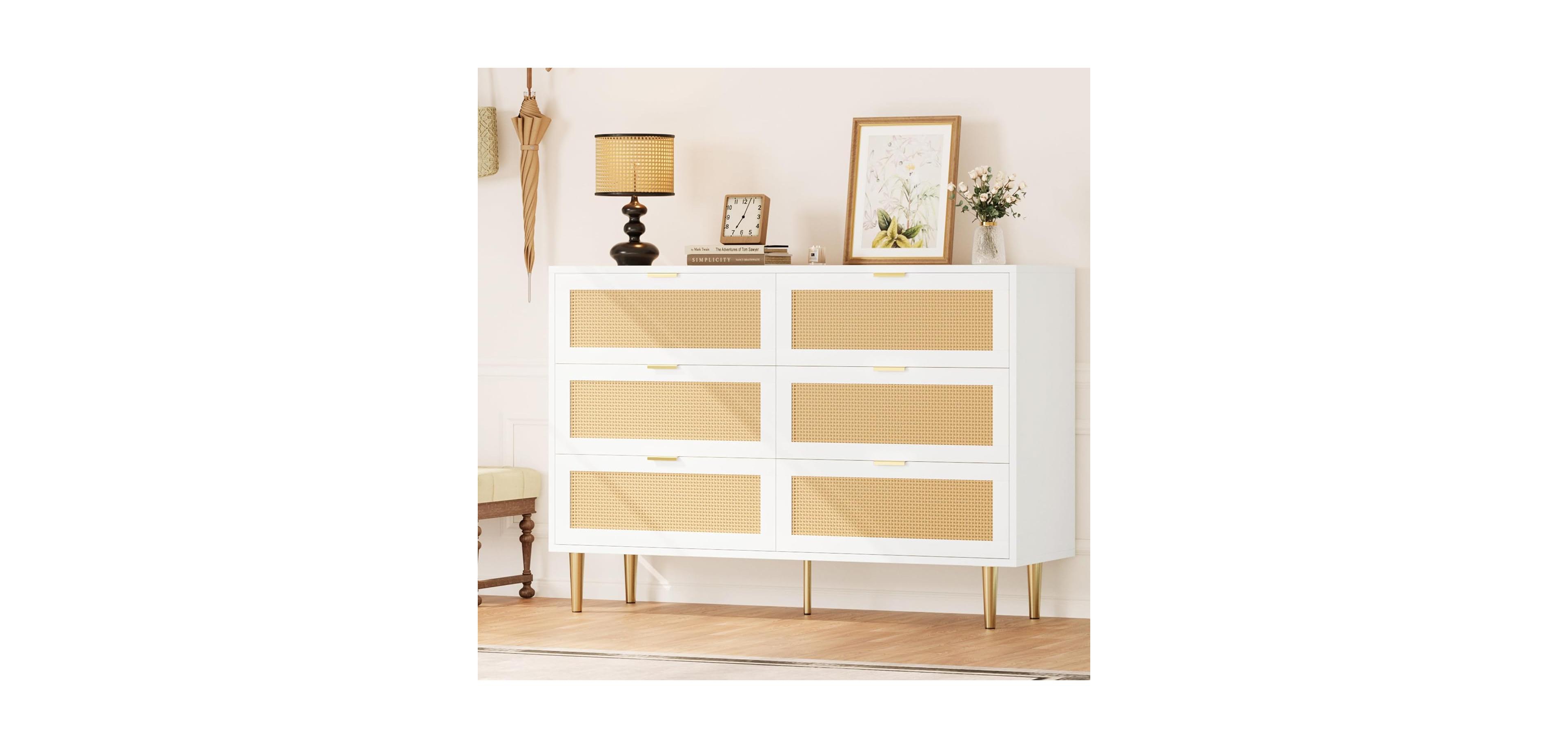 gaomon 6-Drawer Rattan Dresser, Modern Chest with Gold Legs & Handles, Wide Double Storage, Bedroom, Living Room, White