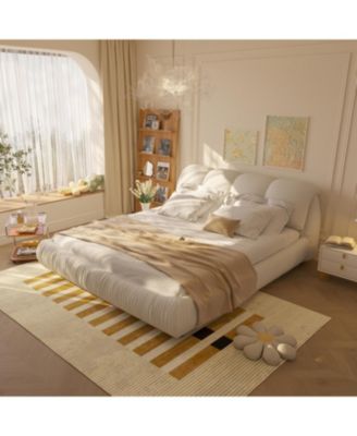 King Upholstered Platform Bed with Oversized Backrest, Beige