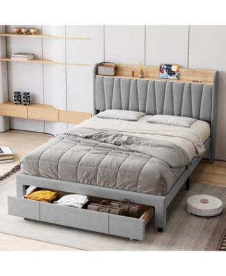 Upholstered Bed Frame with Storage Headboard, Drawer, Charging Station, Linen Platform, No Box Spring Needed