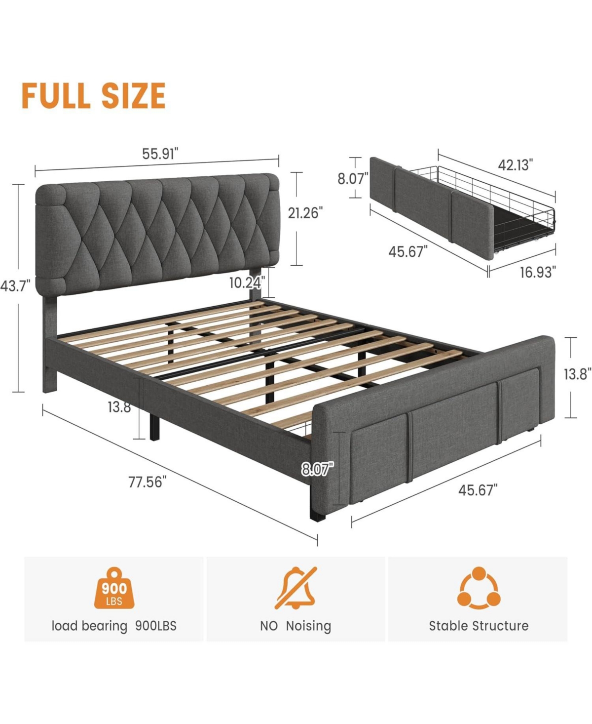 Gaomon Upholstered Platform Bed Frame with 2 Storage Drawers, Solid Wood Slats, No Box Spring Needed