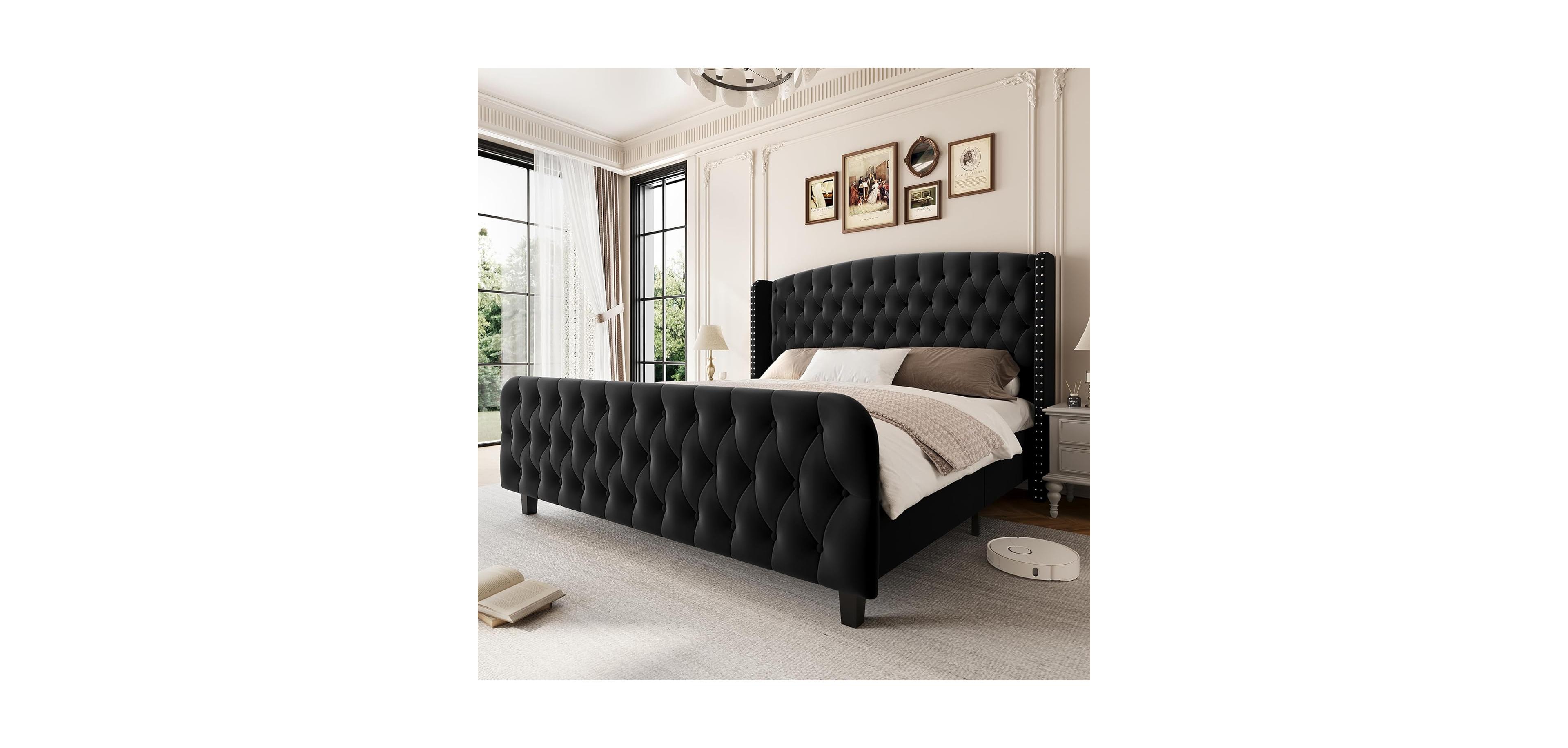 gaomon 51" Tall Queen Size Velvet Upholstered Platform Bed Frame with Button Tufted Wingback Headboard & Footboard, No Box Spring Needed