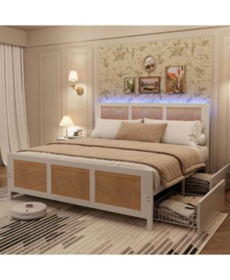 Rattan Bed Frame with Headboard, Boho Cane Platform, 4 Storage Drawers, Sturdy Metal Slats, Noise-Free, No Box Spring Needed - Full