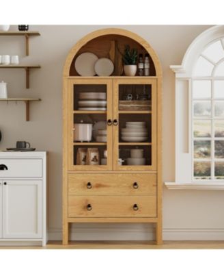 71" Arched Farmhouse Pantry Cabinet with Glass Doors, 2 Drawers & Adjustable Shelves, Display Hutch for Kitchen Dining Living Room
