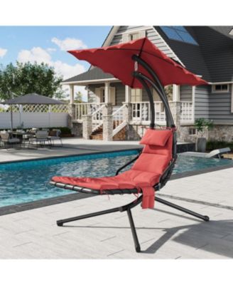 Chaise Lounger Swing Chair with Umbrella Canopy, Patio Hanging Lounge Chair with Stand, Curved Steel Outdoor Chair for Pool, Garden, Backyard