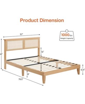 Bohemian Platform Bed Frame with Rattan Storage Headboard, Adjustable LED Lights, Solid Wood Support, No Box Spring Needed - Full
