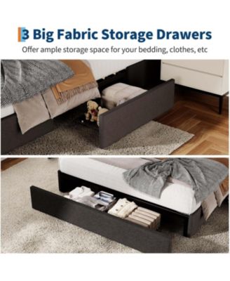 Full Bed Frame with 3 Storage Drawers, Upholstered Platform, Wooden Slat Support, Customizable Headboard, No Box Spring Needed