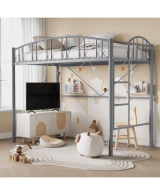 Twin Metal Loft Bed with Arched Guardrails & Safety Ladder, Space-Saving Heavy-Duty Steel Frame, No Box Spring Required