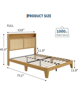 Boho Rattan Full Size Bed Frame with LED Lights, Storage Headboard, Charging Station, Under Bed Storage – Bed Frame