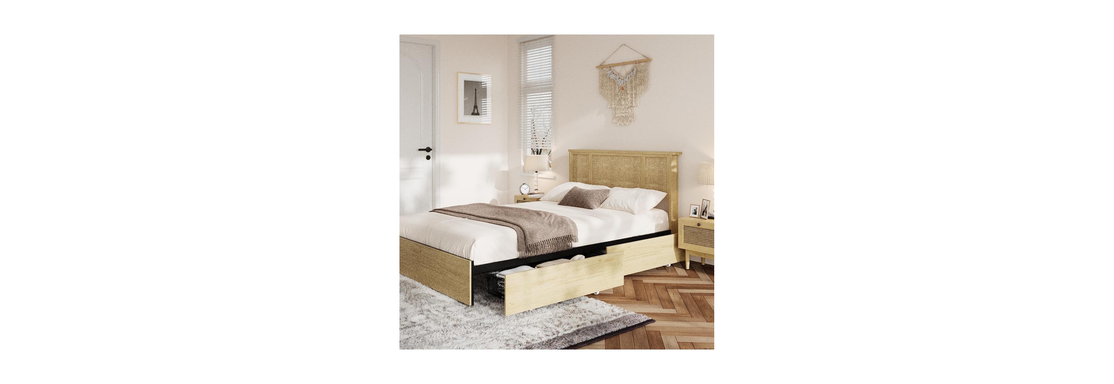 Gaomon Full Bed Frame with Natural Rattan Headboard, 4 Storage Drawers, Slats, Bohemian-Style Cane Mattress Support