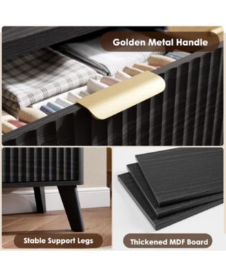 Fluted Dresser for Bedroom with 6 Deep Drawers, 47in Tall Chest of Drawers with Faux Marble Top, Curved Profile Design, Black