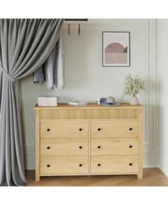 6 Drawer Dresser for Bedroom, Wooden Chest of Drawers, Fluted TV Stand Storage Organizer for Living Room, Hallway and Entryway, Natural Oak